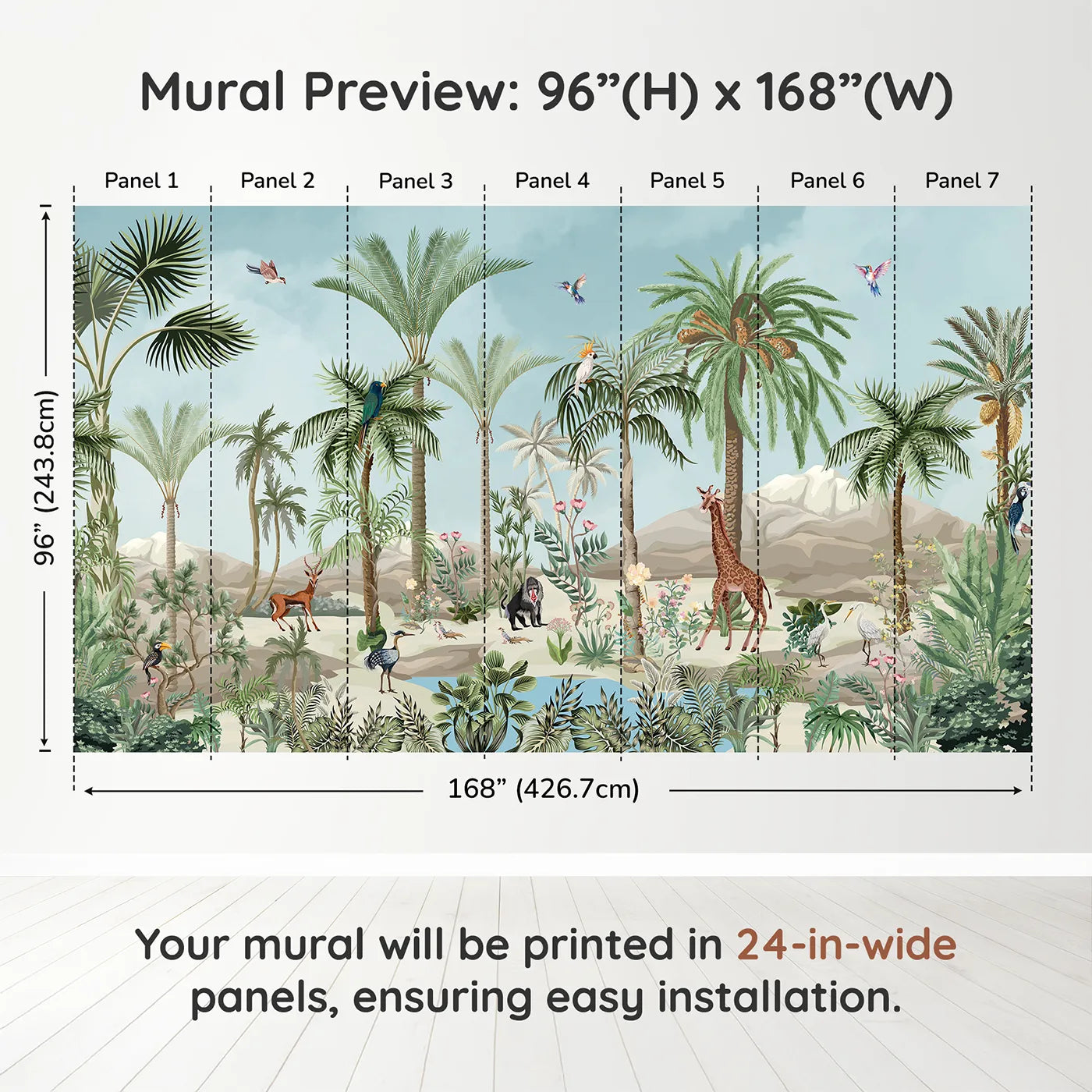Whimsy Tots Desert Oasis Wall Muraldimension view (96" H x 168" W). Printed in seven 24-inch-wide panels. Gender-Neutral