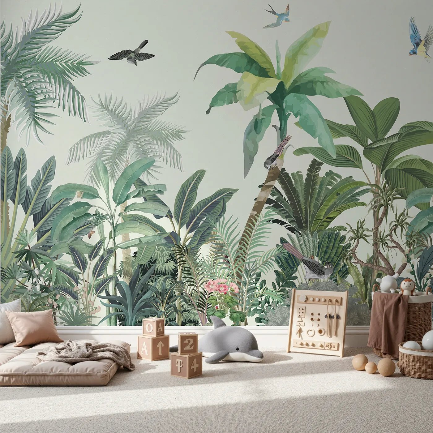 Front view of Whimsy Tots' Tropical Bird Paradise Wall Mural