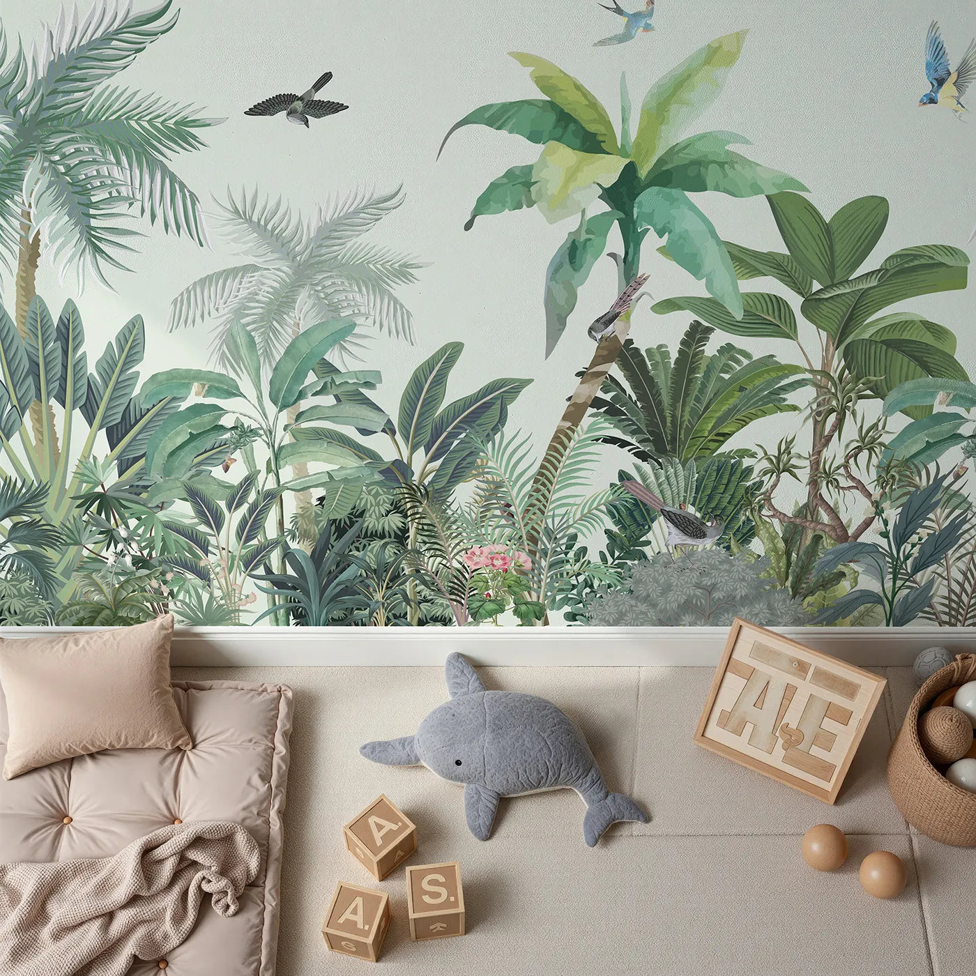 Top-down view of Whimsy Tots' Tropical Bird Paradise Wall Mural (Turn Their Room into a Lush, Hand-Painted Jungle).Gender-Neutral