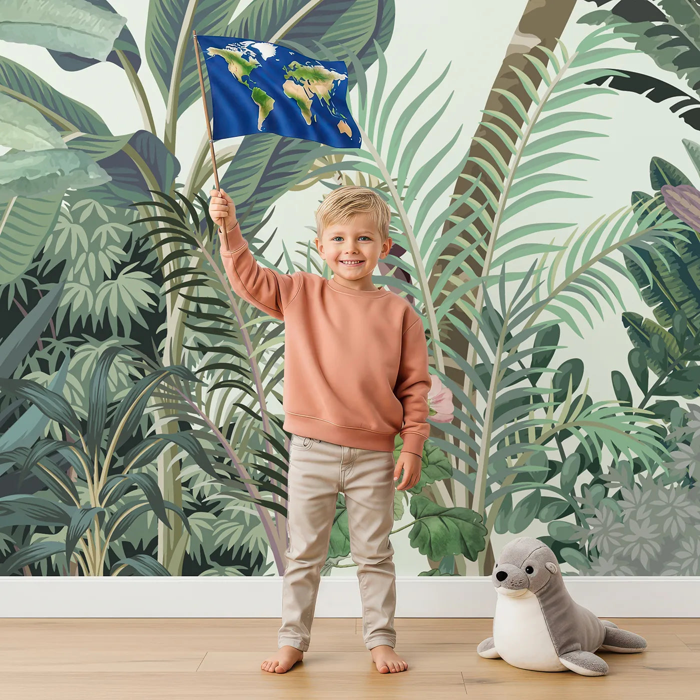Child in front of Whimsy Tots Tropical Bird Paradise Wall Mural with chinoiserie, vintage, bird, exotic, tropical, classic, jungle, parrot in design.