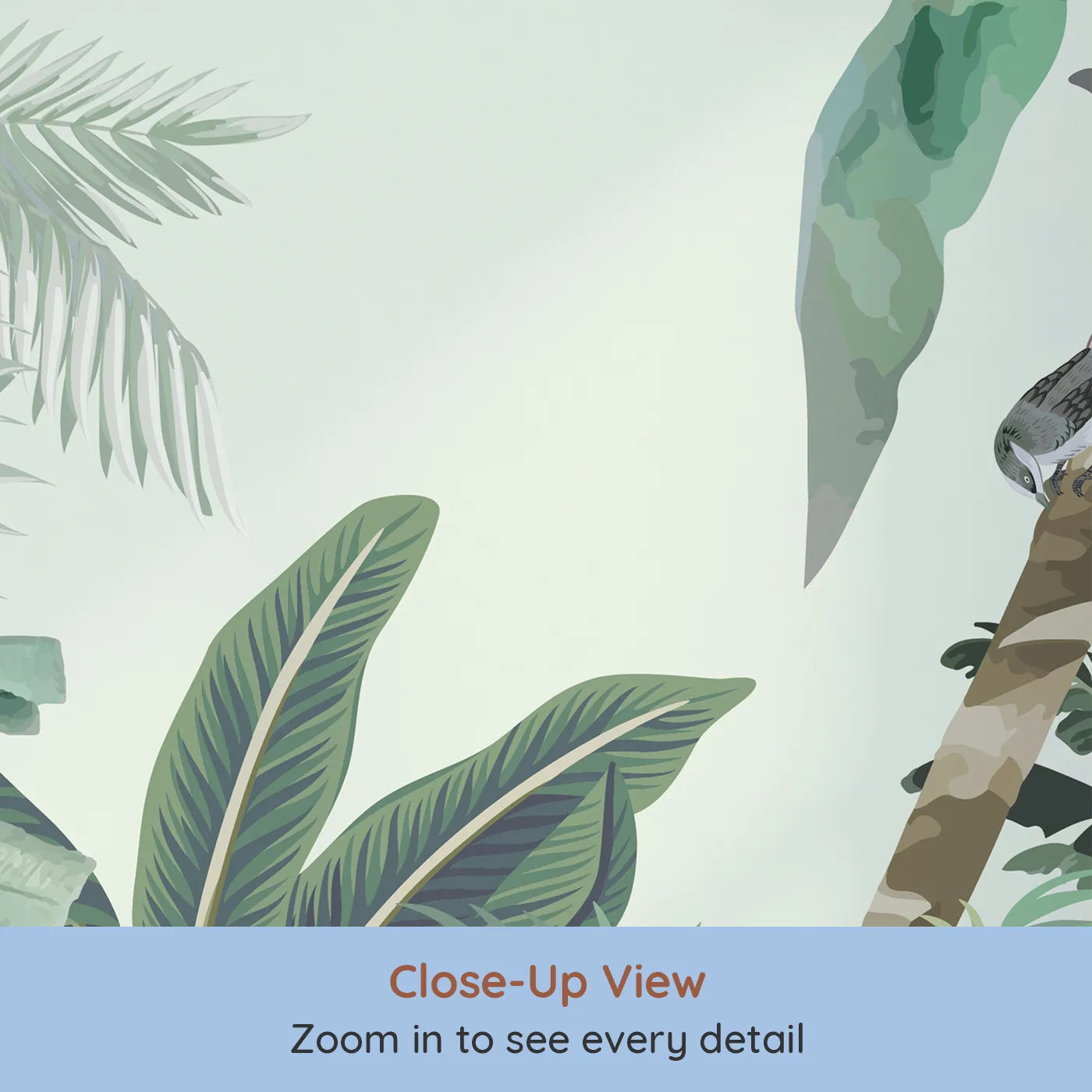 Close-up view of Whimsy Tots' Tropical Bird Paradise Wall Mural (Turn Their Room into a Lush, Hand-Painted Jungle).Gender-Neutral