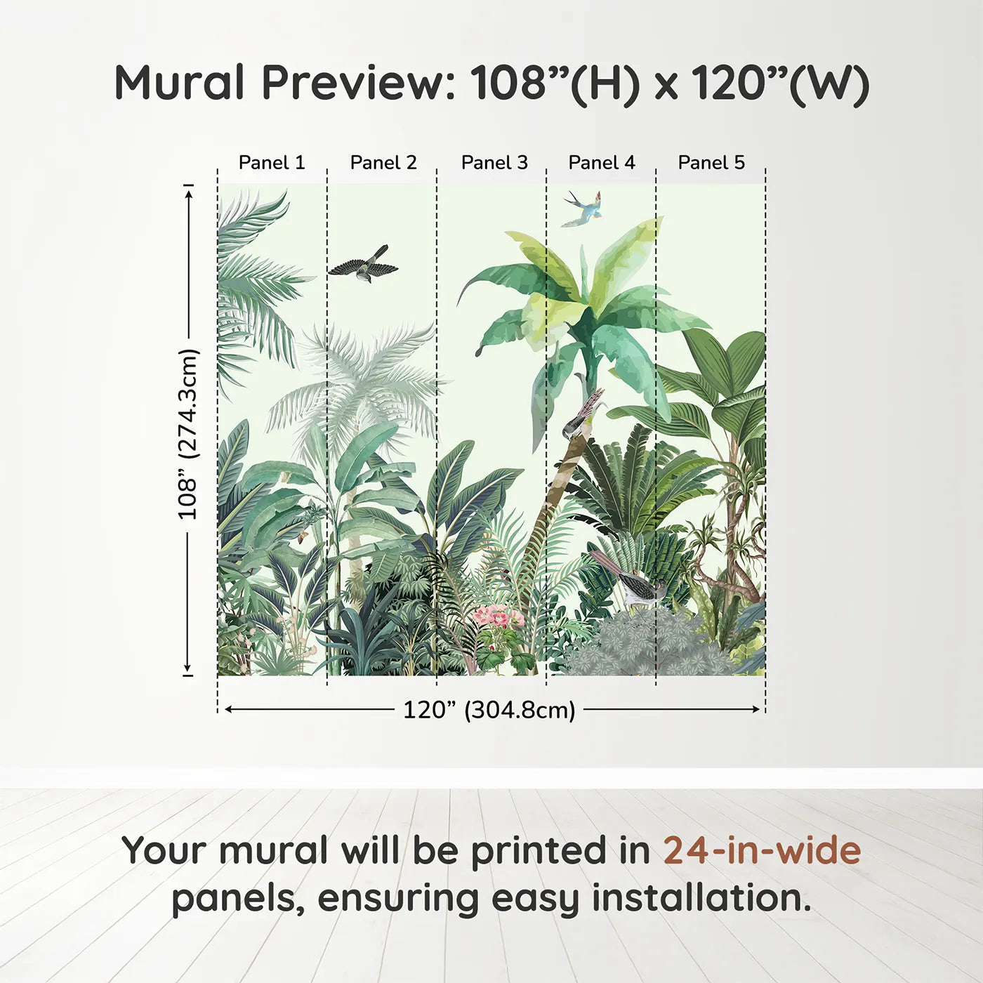 Whimsy Tots Tropical Bird Paradise Wall Muraldimension view (108" H x 120" W). Printed in five 24-inch-wide panels. Gender-Neutral