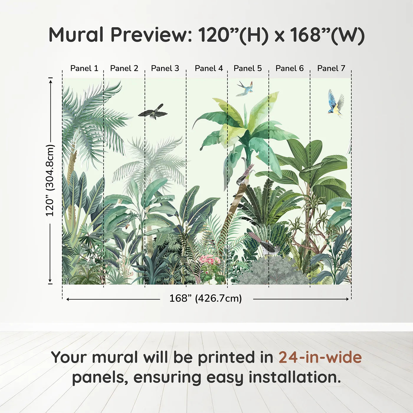 Whimsy Tots Tropical Bird Paradise Wall Muraldimension view (120" H x 168" W). Printed in seven 24-inch-wide panels. Gender-Neutral