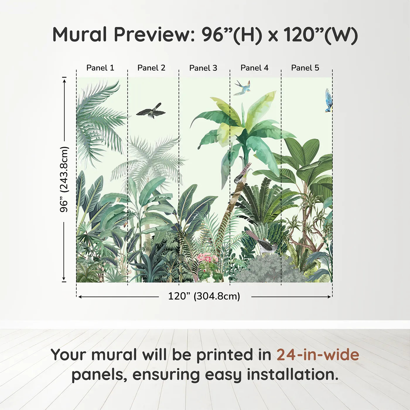 Whimsy Tots Tropical Bird Paradise Wall Muraldimension view (96" H x 120" W). Printed in five 24-inch-wide panels. Gender-Neutral