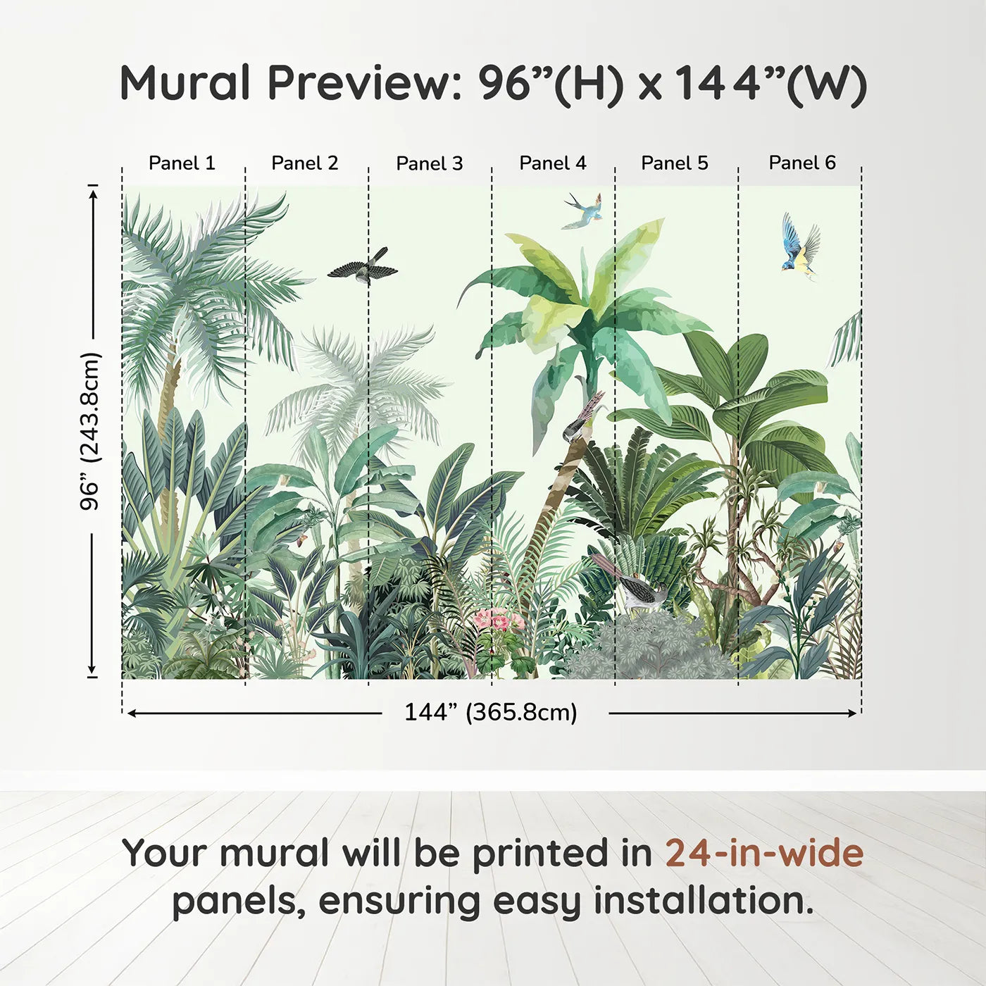 Whimsy Tots Tropical Bird Paradise Wall Muraldimension view (96" H x 144" W). Printed in six 24-inch-wide panels. Gender-Neutral