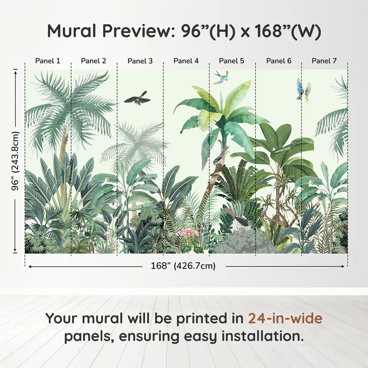 Whimsy Tots Tropical Bird Paradise Wall Muraldimension view (96" H x 168" W). Printed in seven 24-inch-wide panels. Gender-Neutral