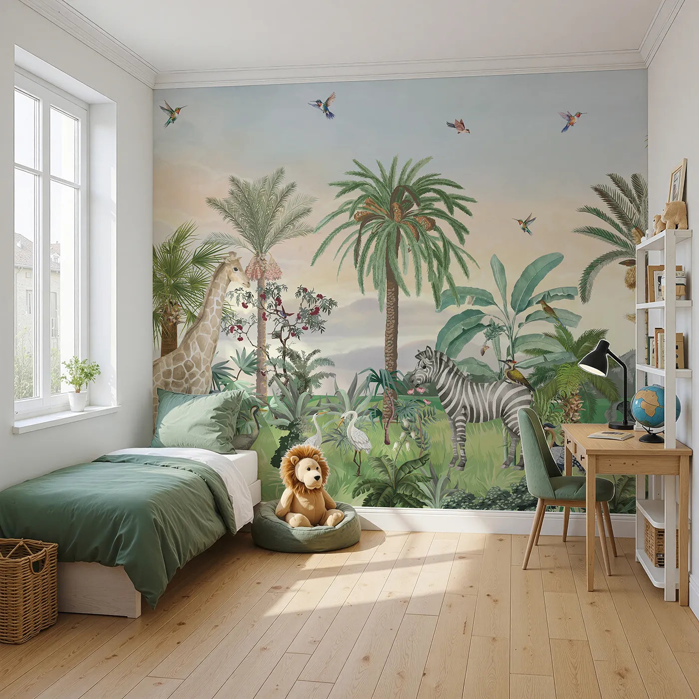 Angled view of Whimsy Tots' Sunset Safari Wall Mural (Turn Their Room into a Warm and Gentle African Evening).Gender-Neutral