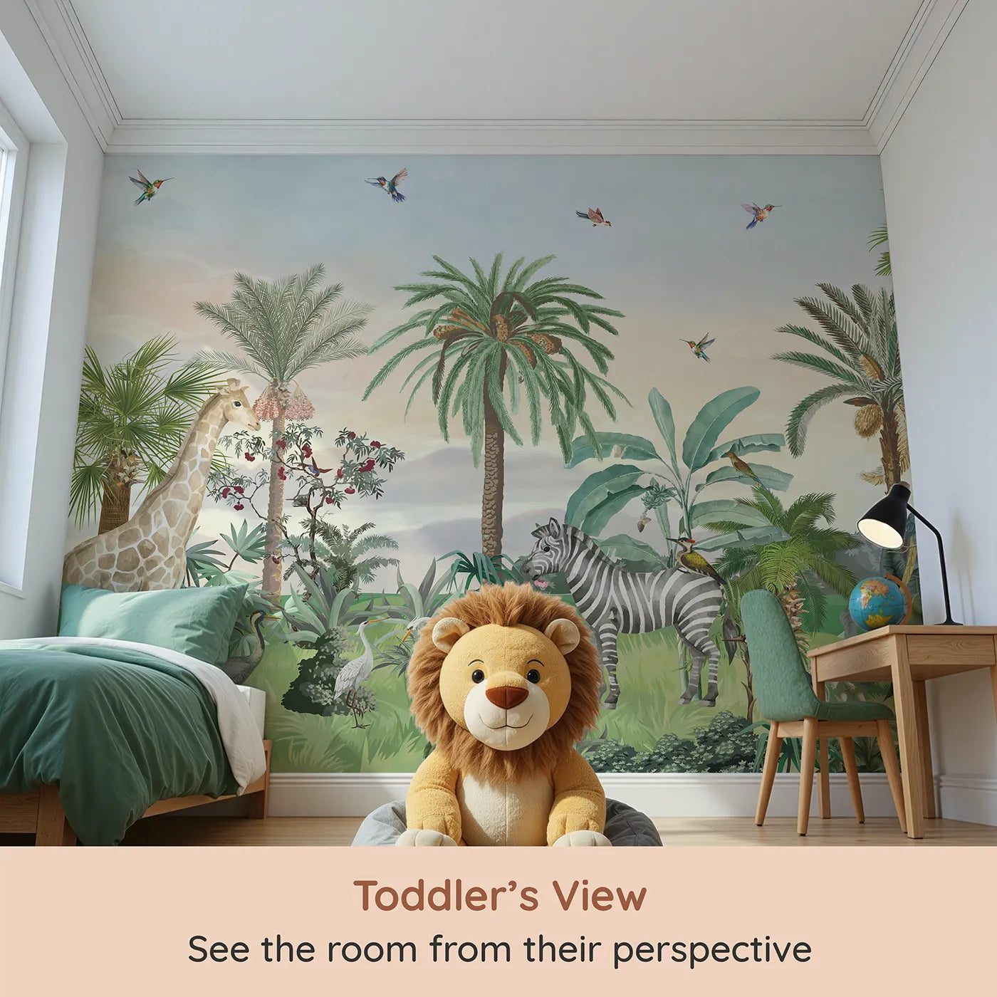 Whimsy Tots Sunset Safari Wall Mural (Turn Their Room into a Warm and Gentle African Evening) from your child's view.Gender-Neutral