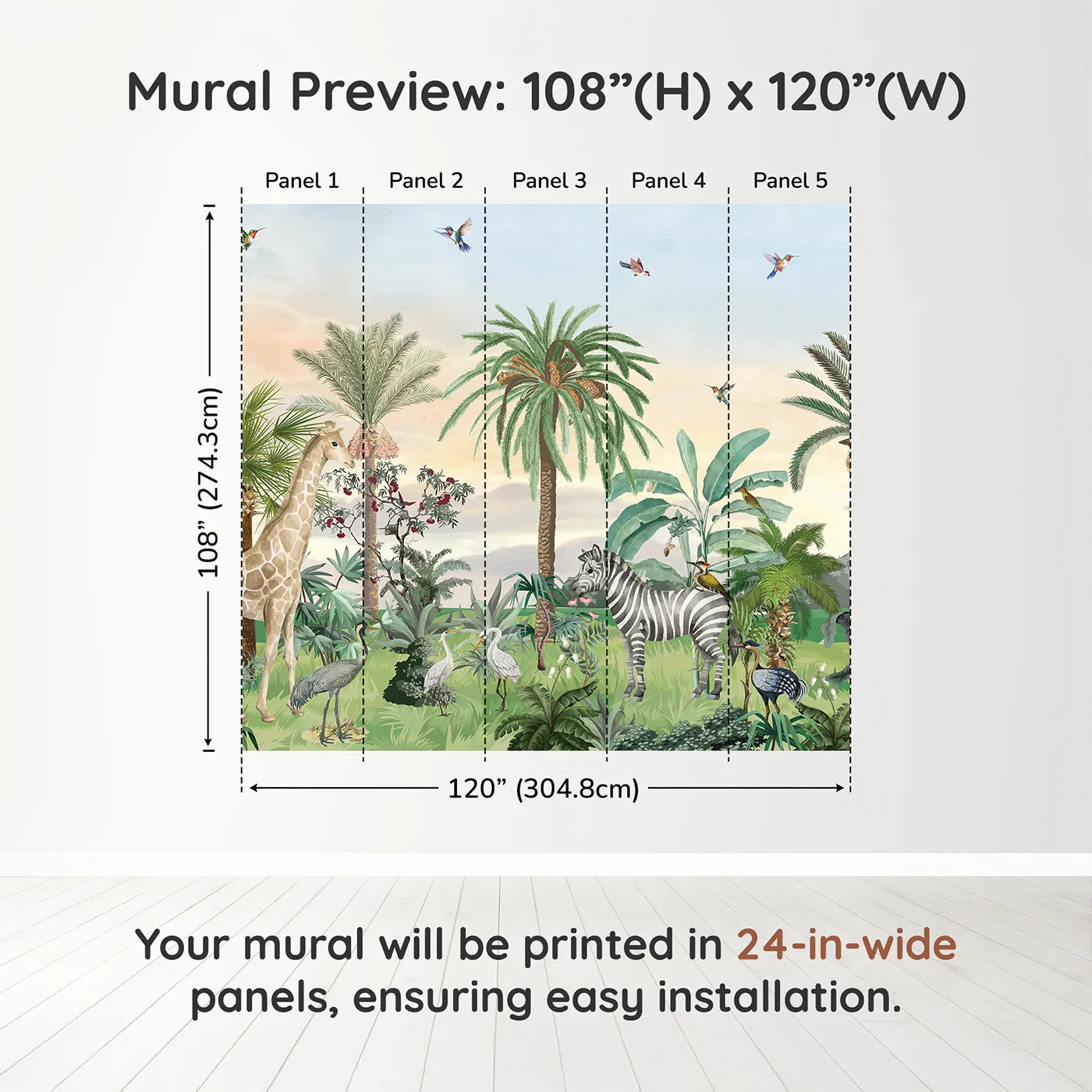 Whimsy Tots Sunset Safari Wall Muraldimension view (108" H x 120" W). Printed in five 24-inch-wide panels. Gender-Neutral