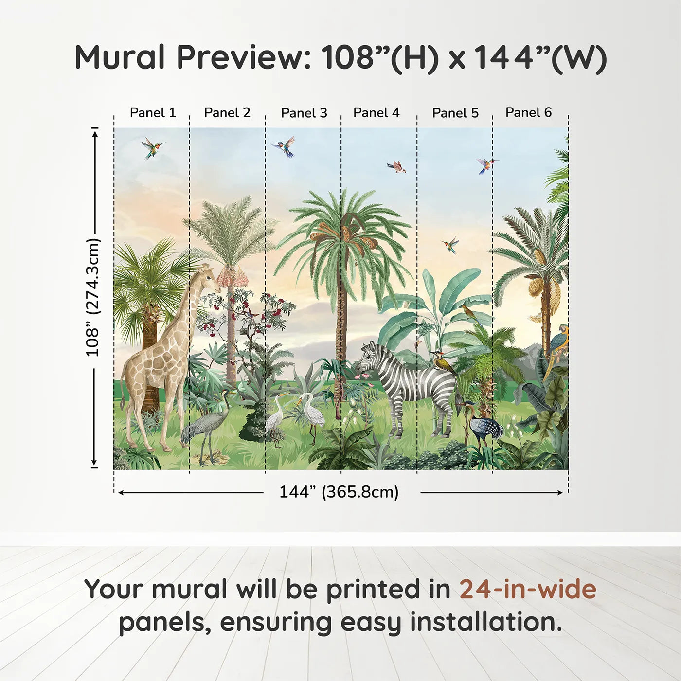 Whimsy Tots Sunset Safari Wall Muraldimension view (108" H x 144" W). Printed in six 24-inch-wide panels. Gender-Neutral
