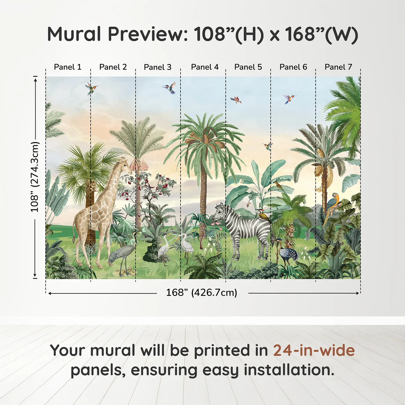Whimsy Tots Sunset Safari Wall Muraldimension view (108" H x 168" W). Printed in seven 24-inch-wide panels. Gender-Neutral