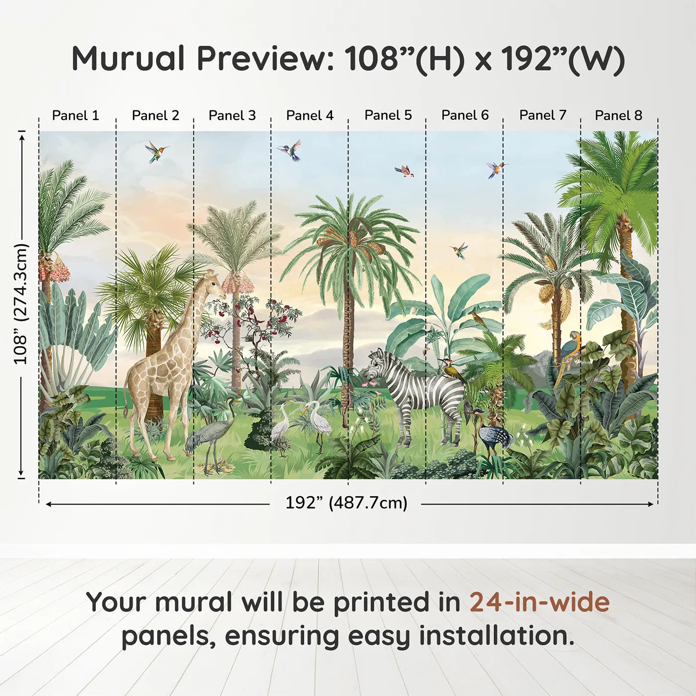 Whimsy Tots Sunset Safari Wall Muraldimension view (108" H x 192" W). Printed in eight 24-inch-wide panels. Gender-Neutral