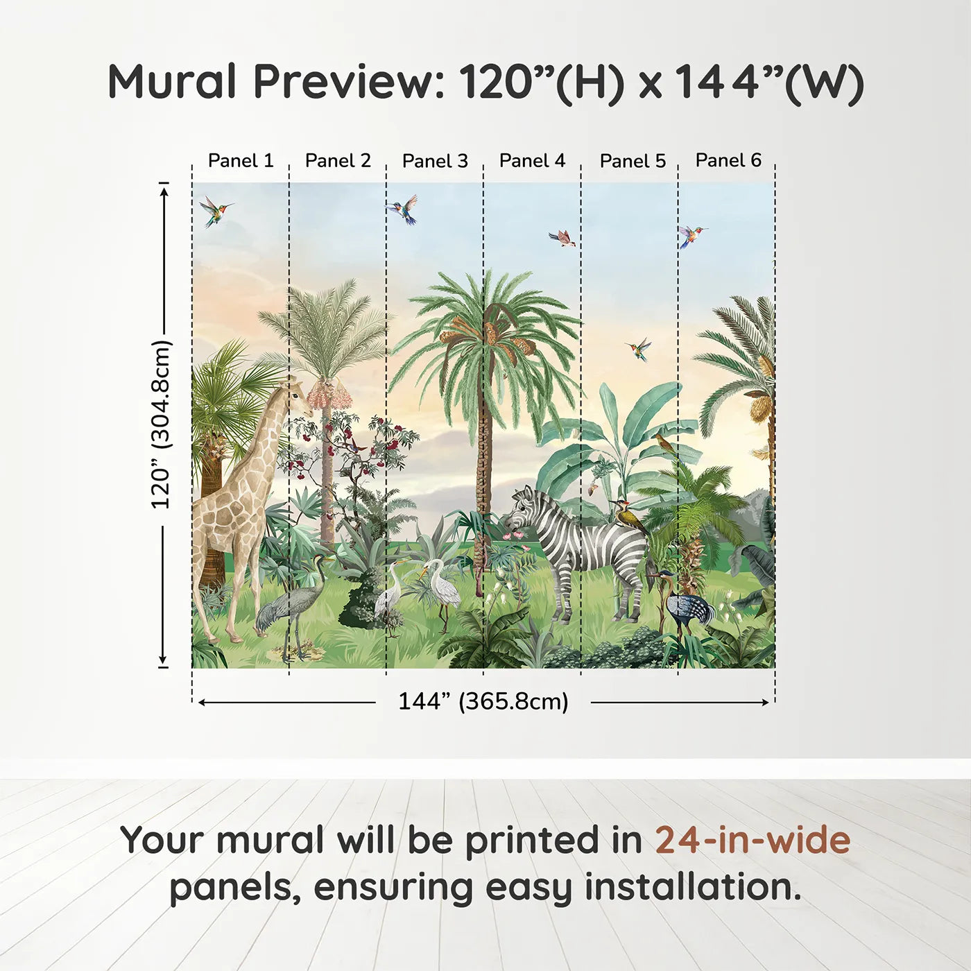 Whimsy Tots Sunset Safari Wall Muraldimension view (120" H x 144" W). Printed in six 24-inch-wide panels. Gender-Neutral