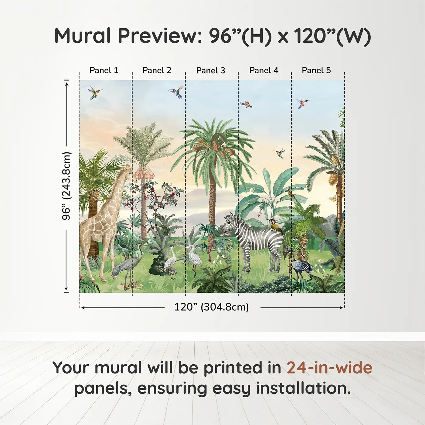 Whimsy Tots Sunset Safari Wall Muraldimension view (96" H x 120" W). Printed in five 24-inch-wide panels. Gender-Neutral