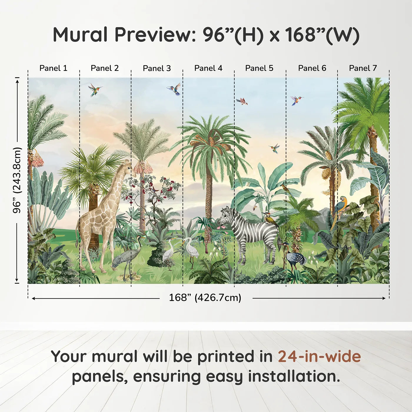 Whimsy Tots Sunset Safari Wall Muraldimension view (96" H x 168" W). Printed in seven 24-inch-wide panels. Gender-Neutral