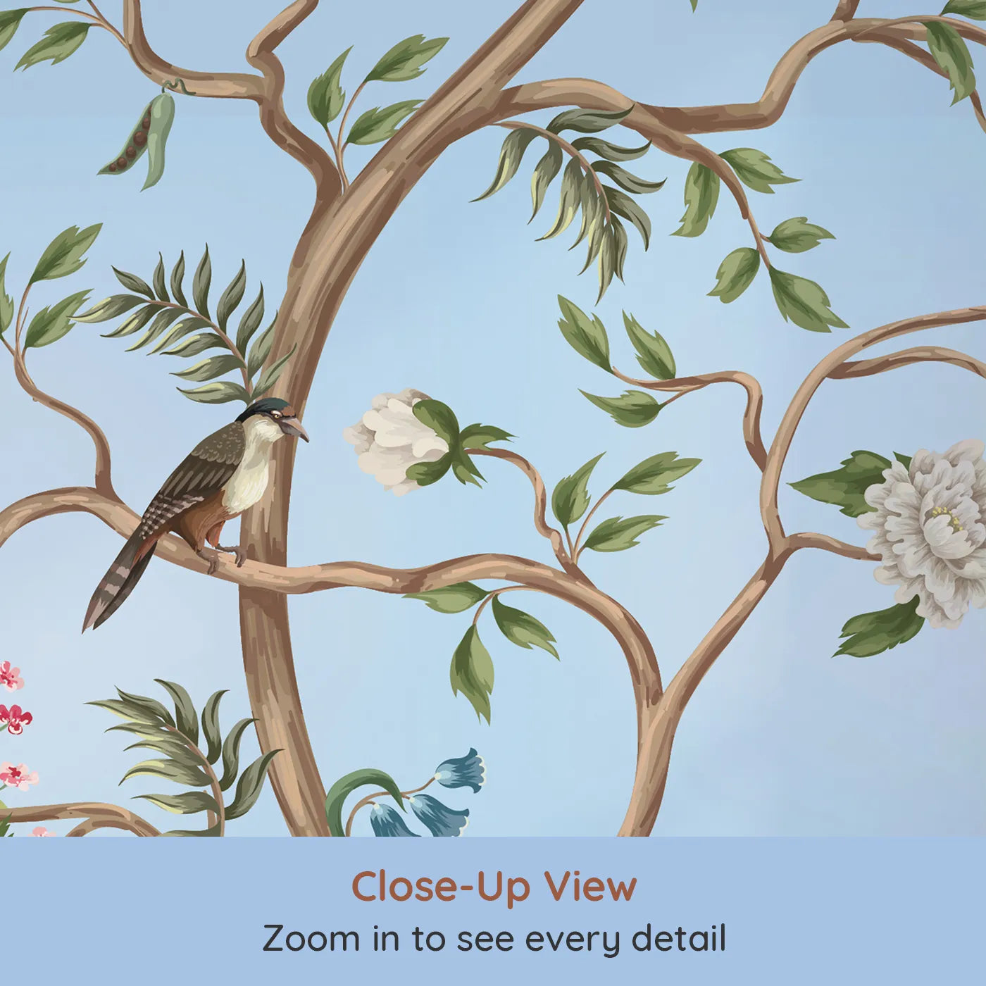 Close-up view of Whimsy Tots' Chinoiserie Garden in Blue Wall Mural (Turn Their Room into an Elegant, Hand-Painted Paradise).Gender-Neutral