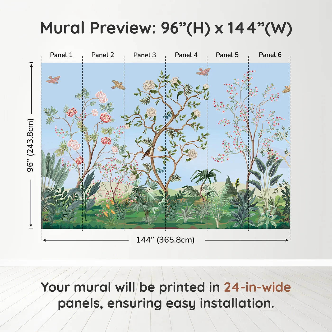 Whimsy Tots Chinoiserie Garden in Blue Wall Muraldimension view (96" H x 144" W). Printed in six 24-inch-wide panels. Gender-Neutral