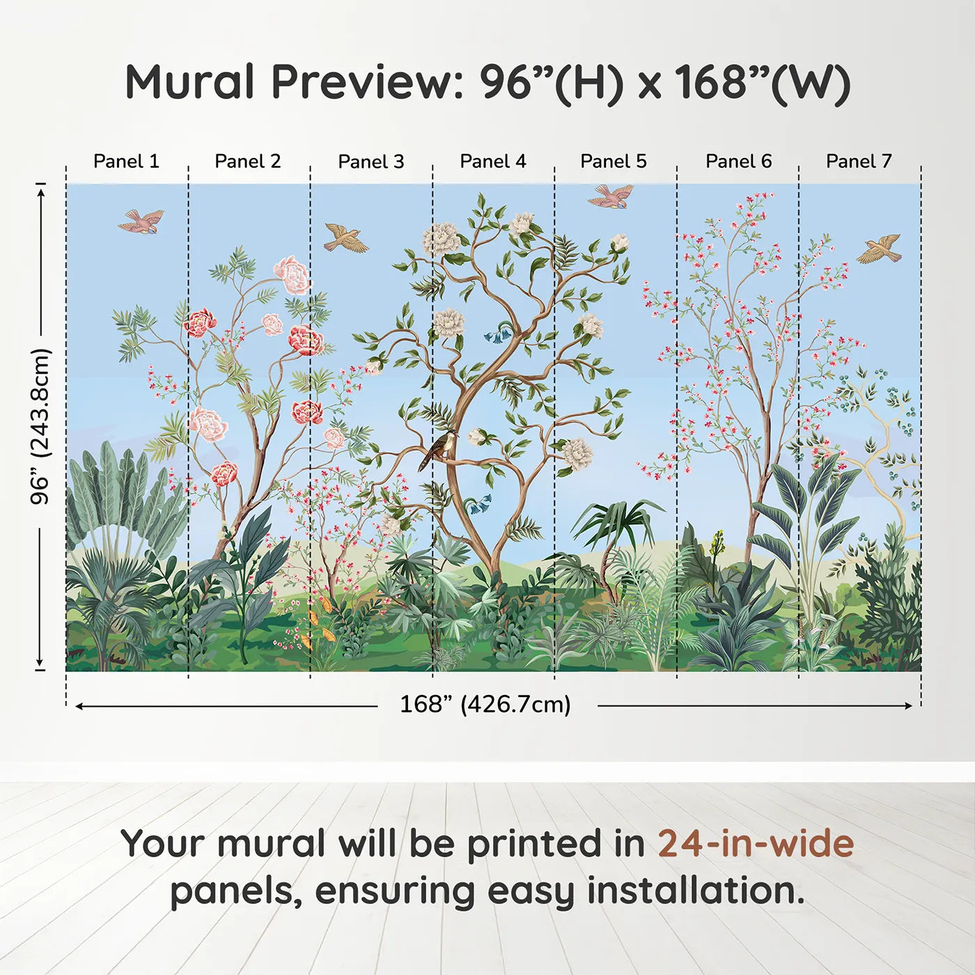 Whimsy Tots Chinoiserie Garden in Blue Wall Muraldimension view (96" H x 168" W). Printed in seven 24-inch-wide panels. Gender-Neutral