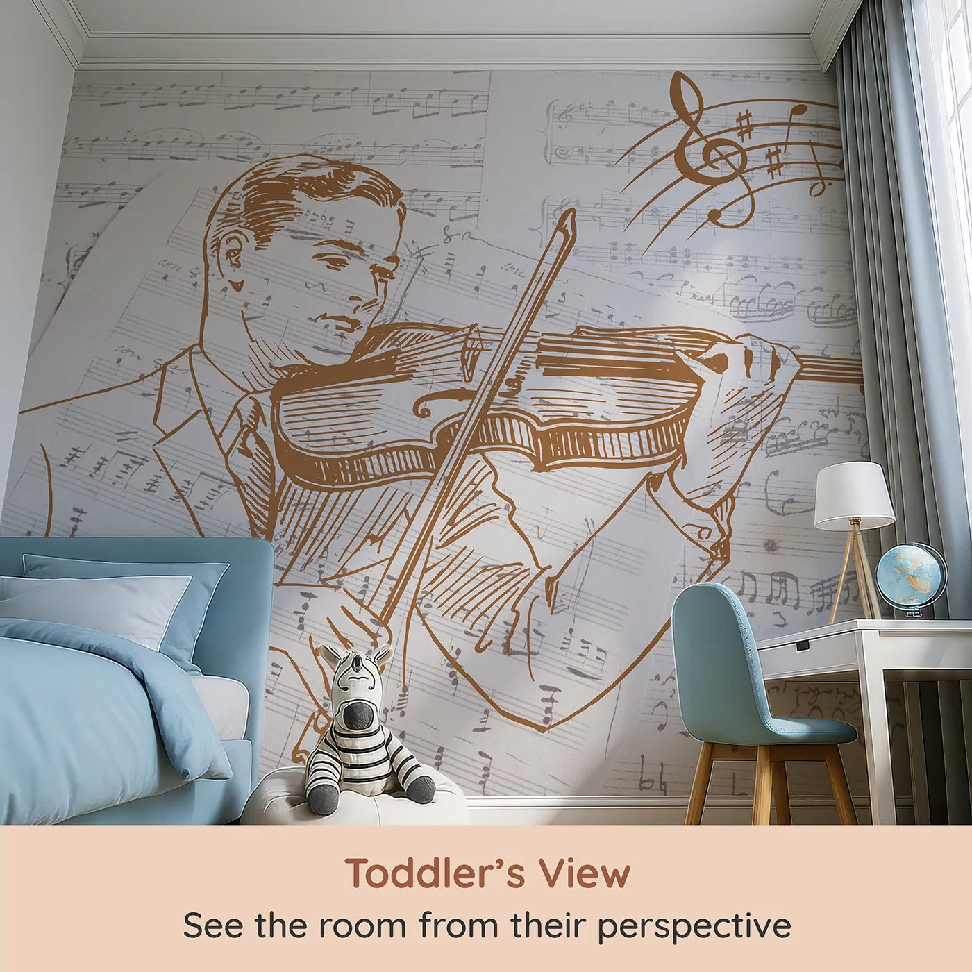 Whimsy Tots Vintage Violinist Wall Mural (Turn Their Room into a Classic, Musical Masterpiece) from your child's view.Gender-Neutral