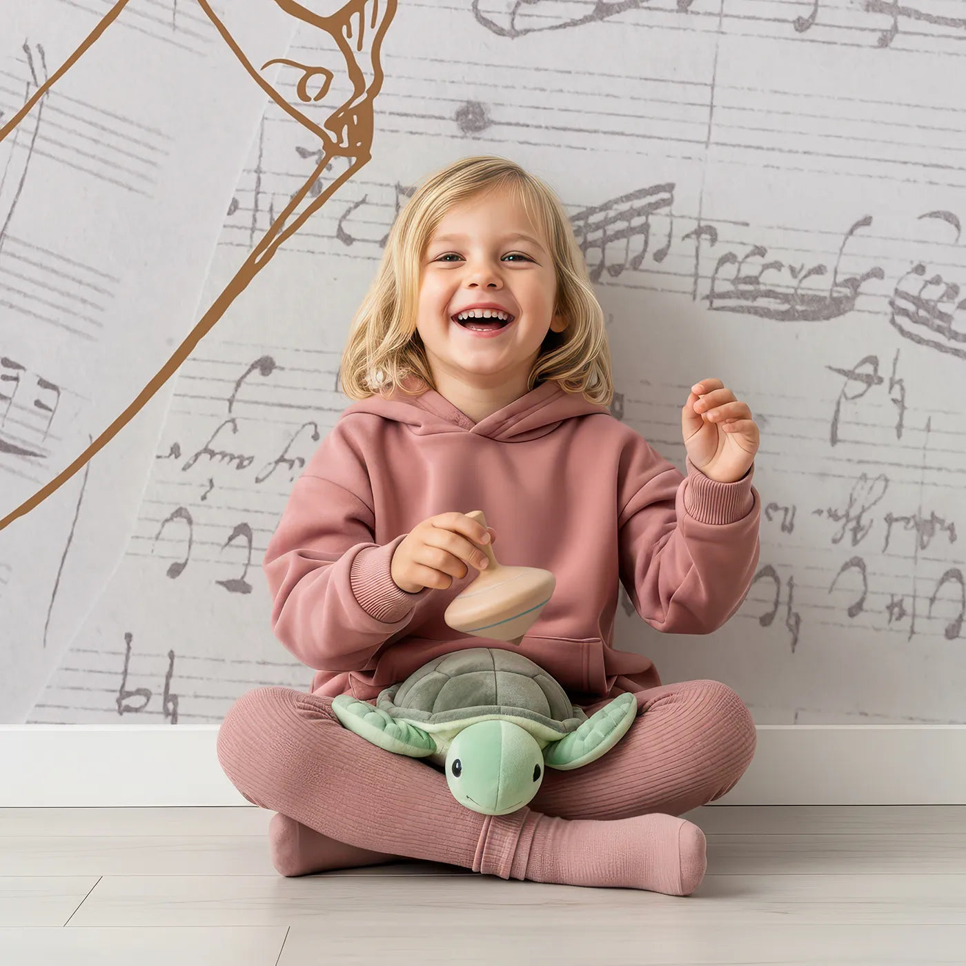 Child in front of Whimsy Tots Vintage Violinist Wall Mural with music, violin, vintage, sheet music, classical, musician, art, sepia in design.