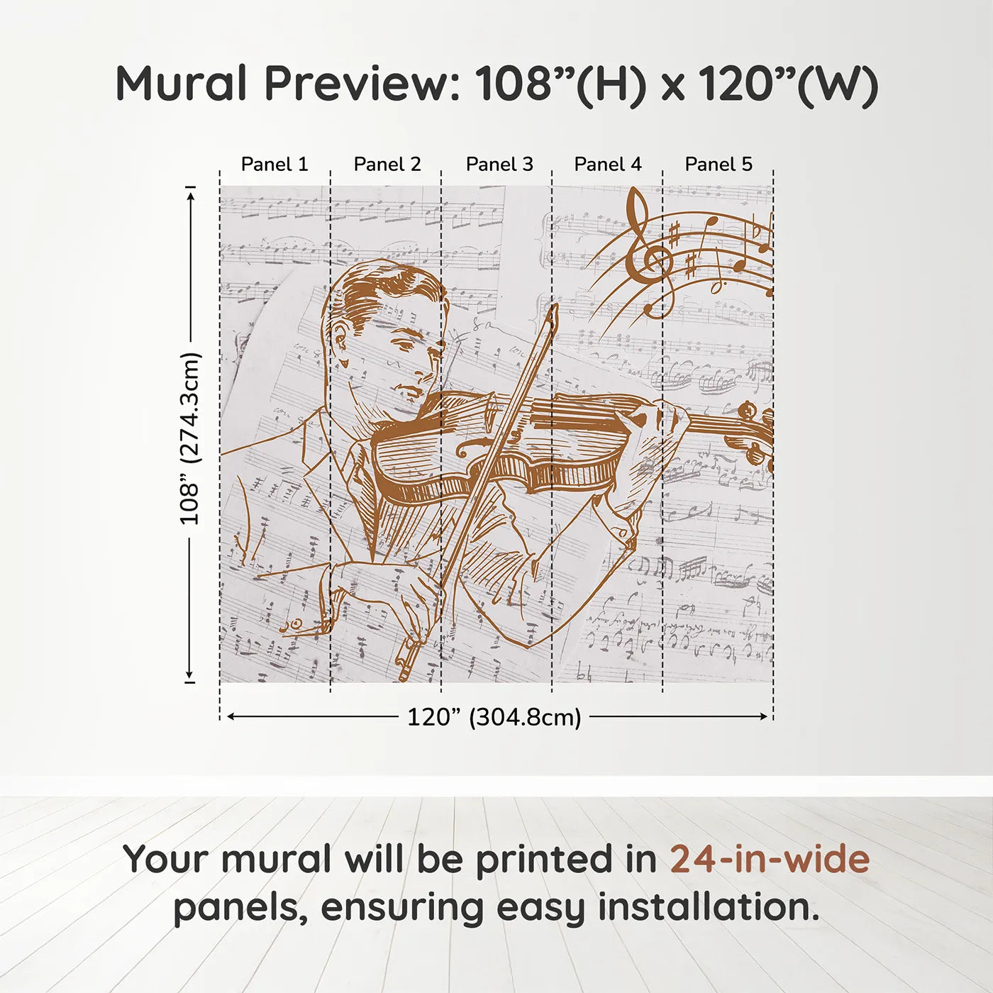 Whimsy Tots Vintage Violinist Wall Muraldimension view (108" H x 120" W). Printed in five 24-inch-wide panels. Gender-Neutral