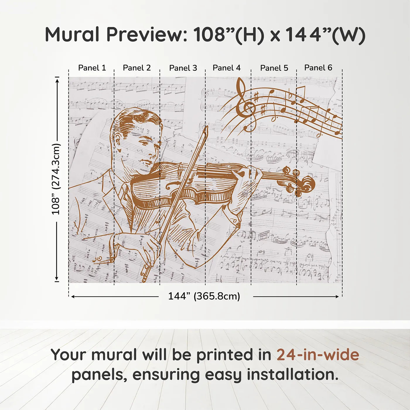 Whimsy Tots Vintage Violinist Wall Muraldimension view (108" H x 144" W). Printed in six 24-inch-wide panels. Gender-Neutral