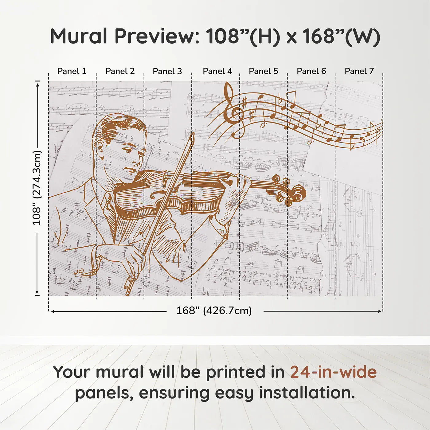 Whimsy Tots Vintage Violinist Wall Muraldimension view (108" H x 168" W). Printed in seven 24-inch-wide panels. Gender-Neutral