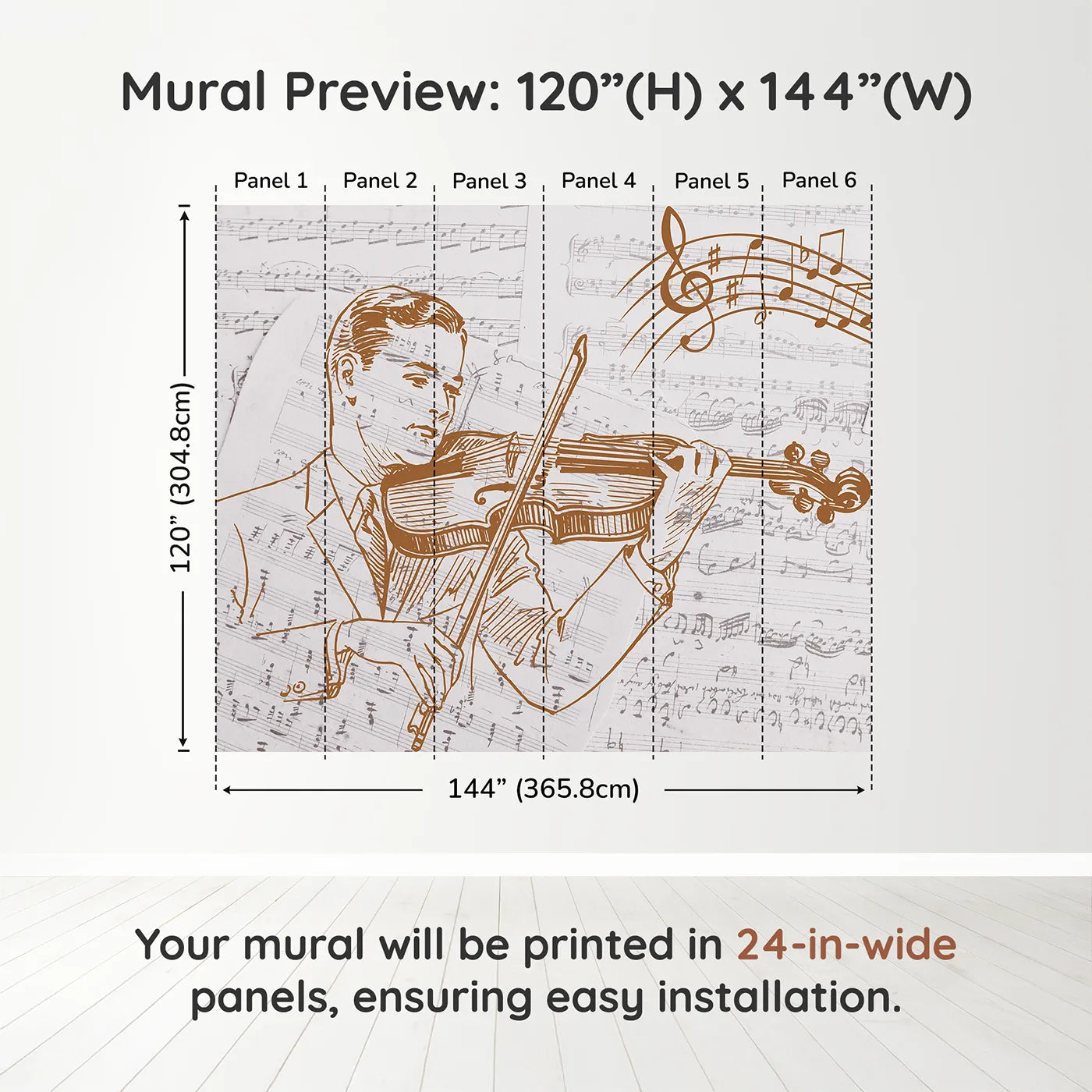 Whimsy Tots Vintage Violinist Wall Muraldimension view (120" H x 144" W). Printed in six 24-inch-wide panels. Gender-Neutral