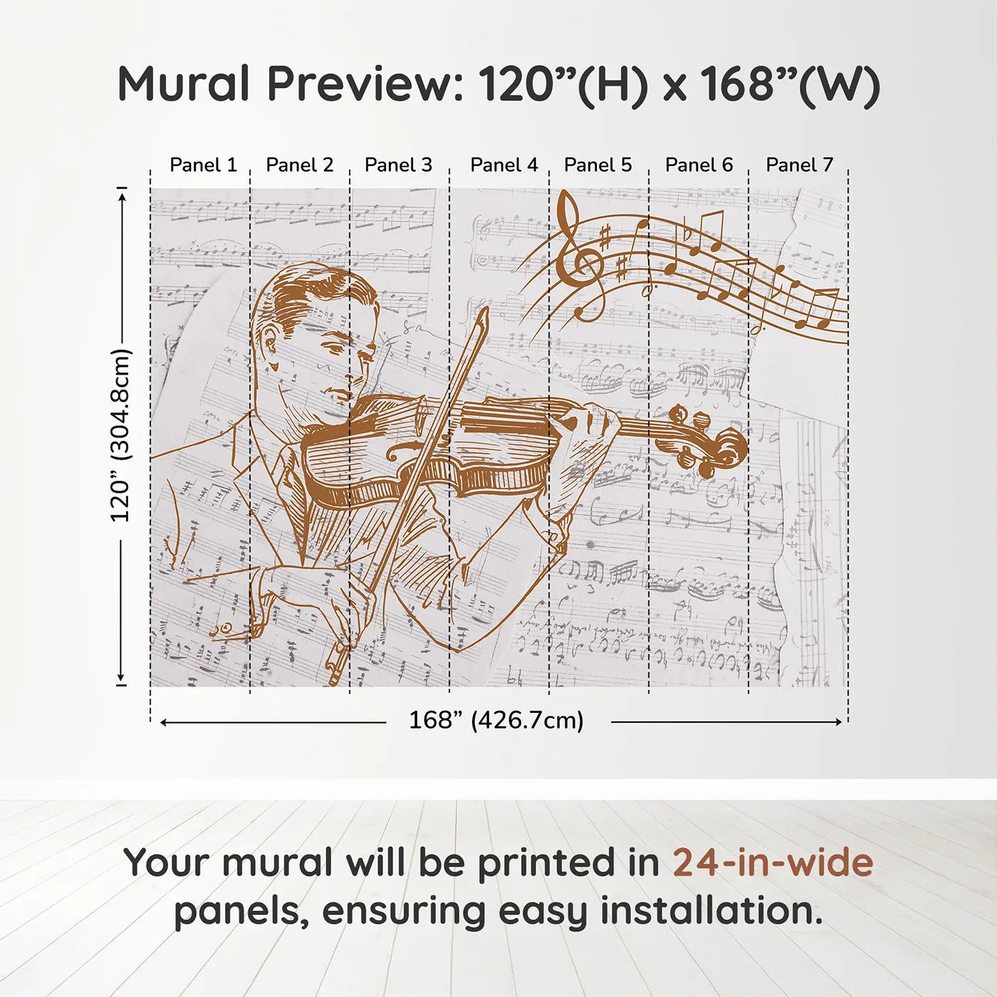 Whimsy Tots Vintage Violinist Wall Muraldimension view (120" H x 168" W). Printed in seven 24-inch-wide panels. Gender-Neutral