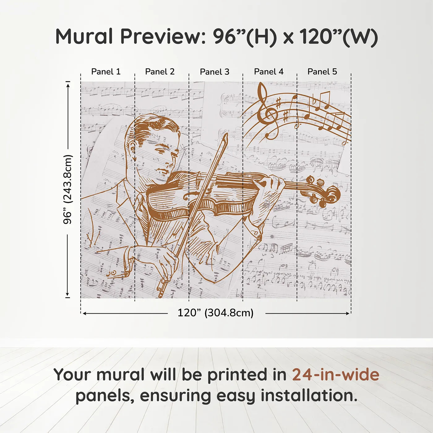 Whimsy Tots Vintage Violinist Wall Muraldimension view (96" H x 120" W). Printed in five 24-inch-wide panels. Gender-Neutral