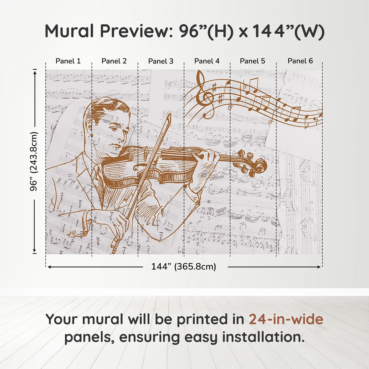 Whimsy Tots Vintage Violinist Wall Muraldimension view (96" H x 144" W). Printed in six 24-inch-wide panels. Gender-Neutral