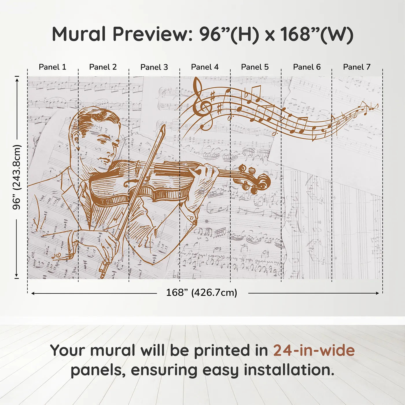 Whimsy Tots Vintage Violinist Wall Muraldimension view (96" H x 168" W). Printed in seven 24-inch-wide panels. Gender-Neutral