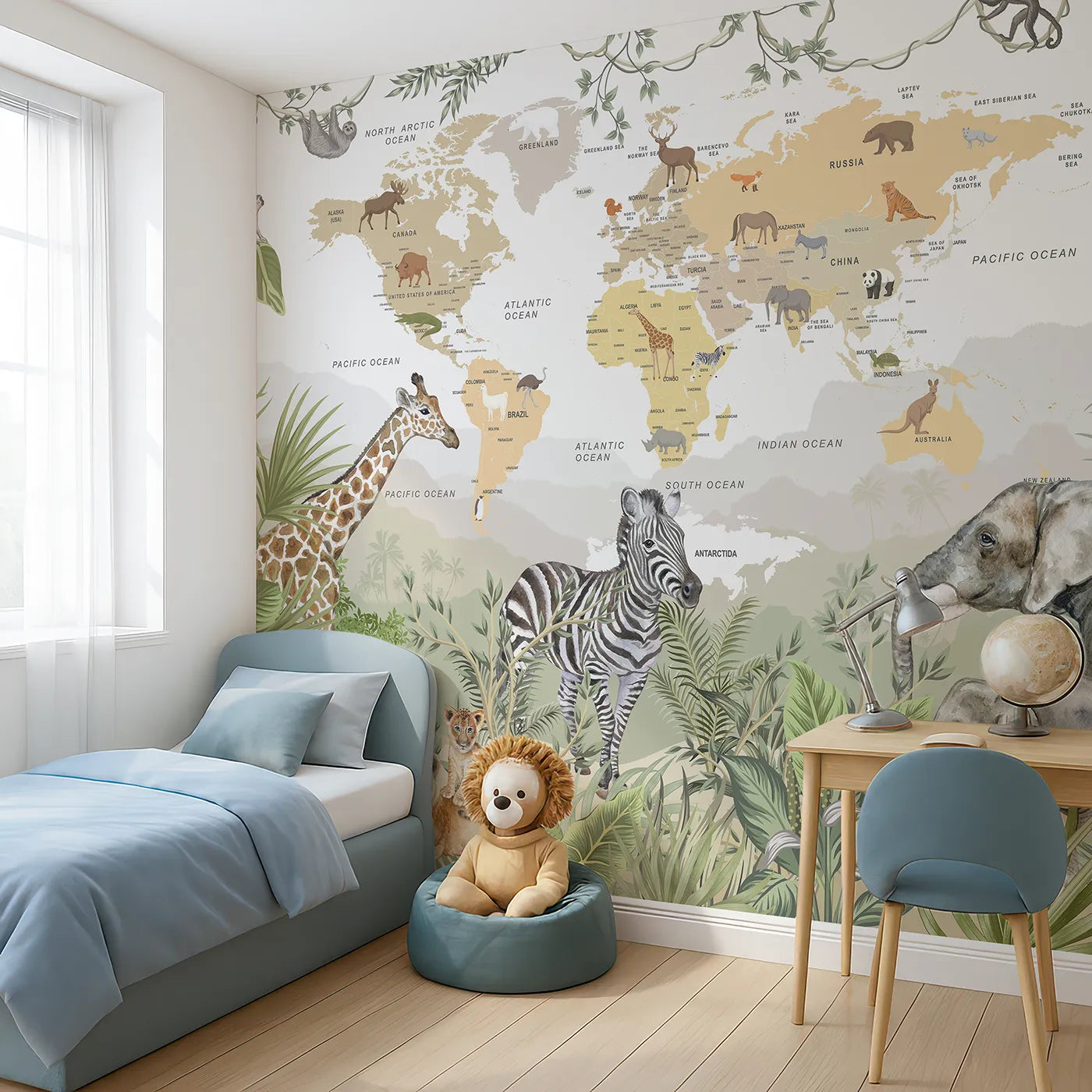Angled view of Whimsy Tots' Jungle Explorer World Map Wall Mural (Turn Their Room into a Grand, Globe-Trotting Safari).Gender-Neutral