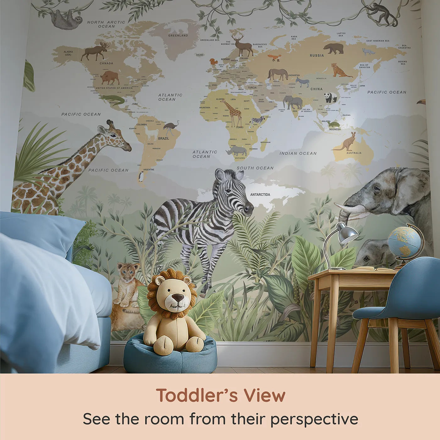 Whimsy Tots Jungle Explorer World Map Wall Mural (Turn Their Room into a Grand, Globe-Trotting Safari) from your child's view.Gender-Neutral