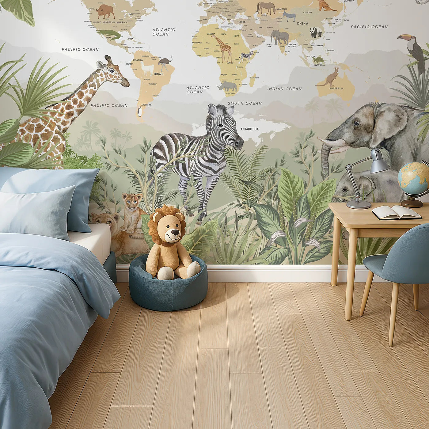 Top-down view of Whimsy Tots' Jungle Explorer World Map Wall Mural (Turn Their Room into a Grand, Globe-Trotting Safari).Gender-Neutral
