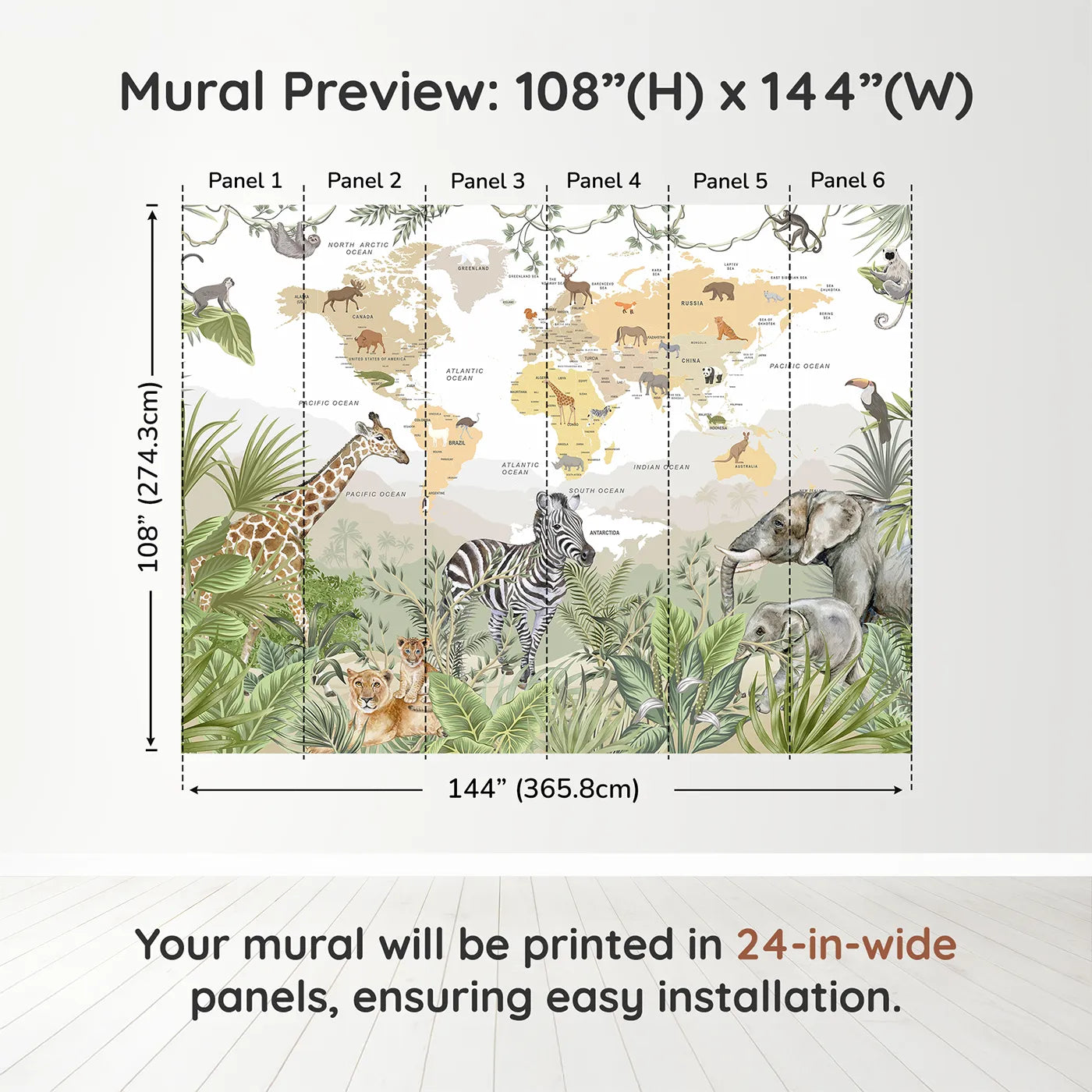 Whimsy Tots Jungle Explorer World Map Wall Muraldimension view (108" H x 144" W). Printed in six 24-inch-wide panels. Gender-Neutral