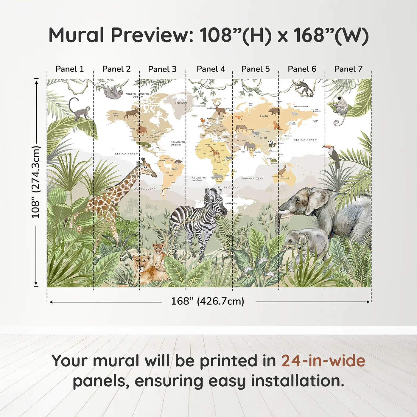 Whimsy Tots Jungle Explorer World Map Wall Muraldimension view (108" H x 168" W). Printed in seven 24-inch-wide panels. Gender-Neutral