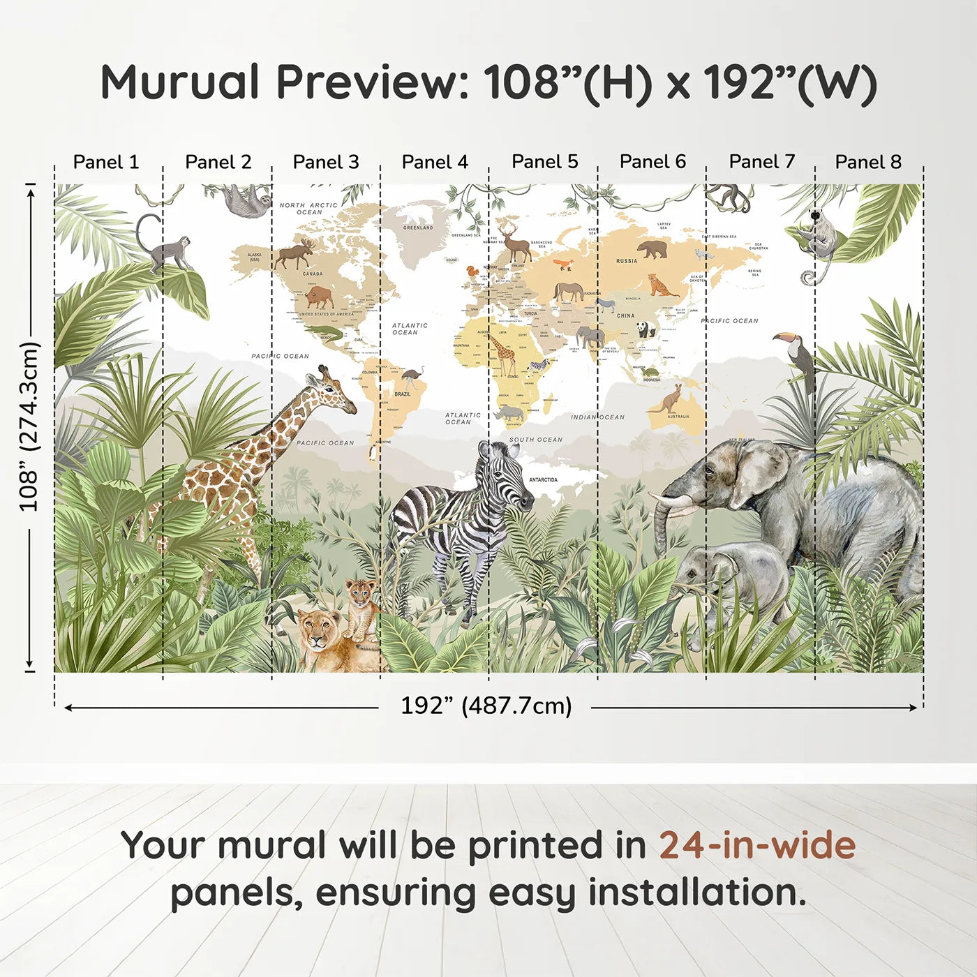 Whimsy Tots Jungle Explorer World Map Wall Muraldimension view (108" H x 192" W). Printed in eight 24-inch-wide panels. Gender-Neutral