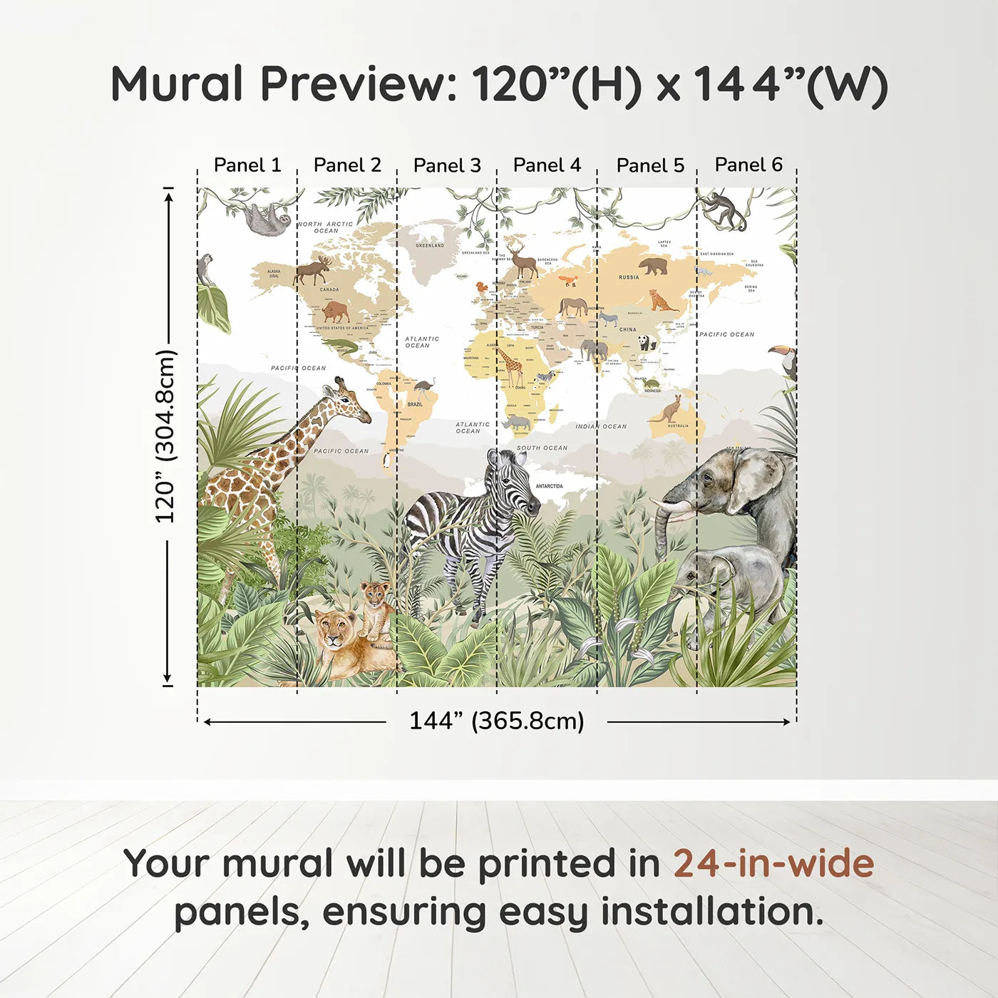 Whimsy Tots Jungle Explorer World Map Wall Muraldimension view (120" H x 144" W). Printed in six 24-inch-wide panels. Gender-Neutral