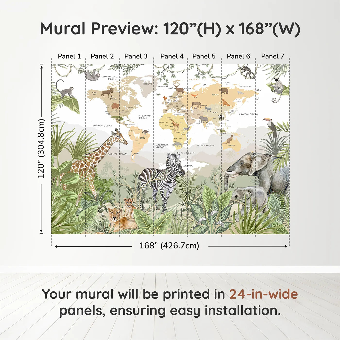 Whimsy Tots Jungle Explorer World Map Wall Muraldimension view (120" H x 168" W). Printed in seven 24-inch-wide panels. Gender-Neutral