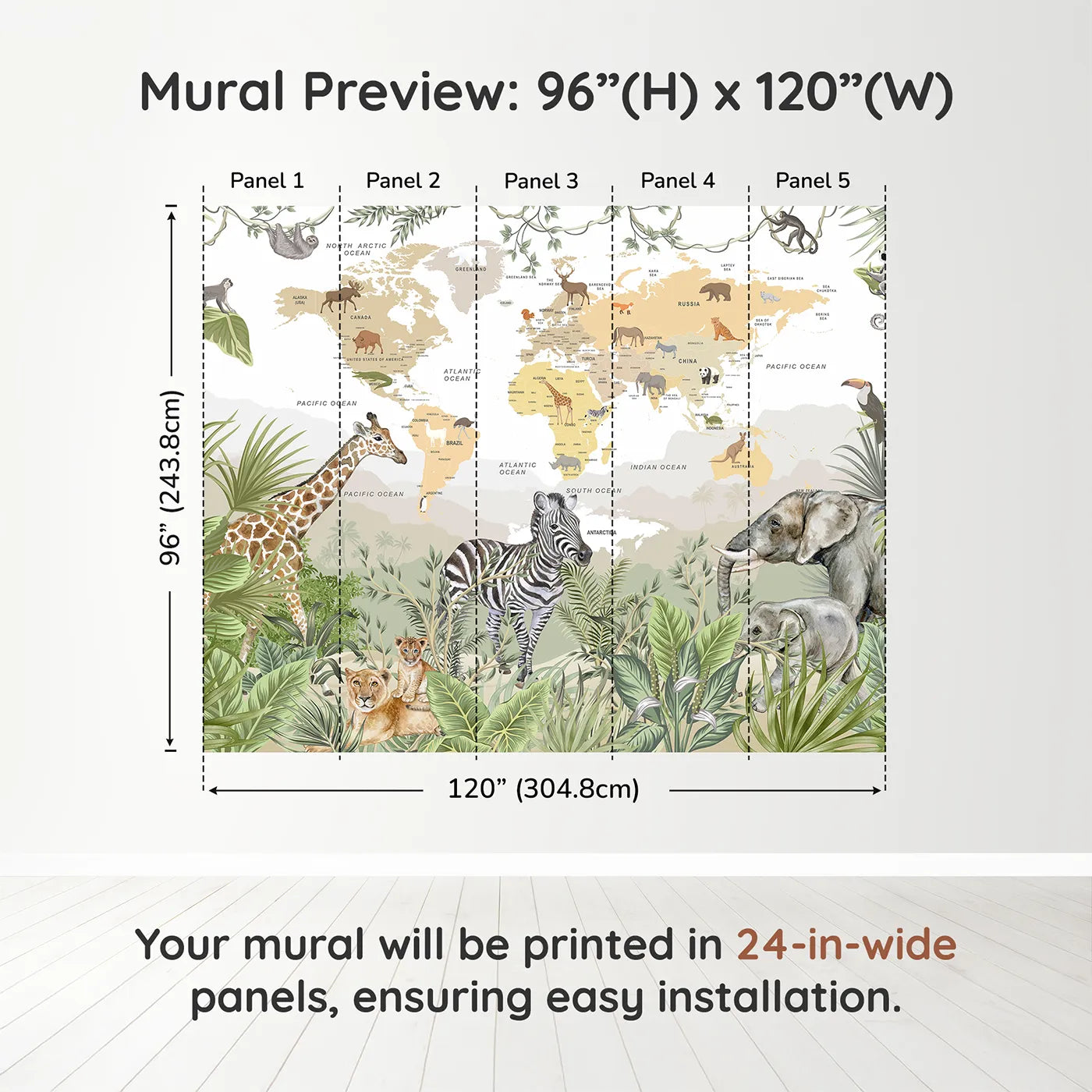 Whimsy Tots Jungle Explorer World Map Wall Muraldimension view (96" H x 120" W). Printed in five 24-inch-wide panels. Gender-Neutral