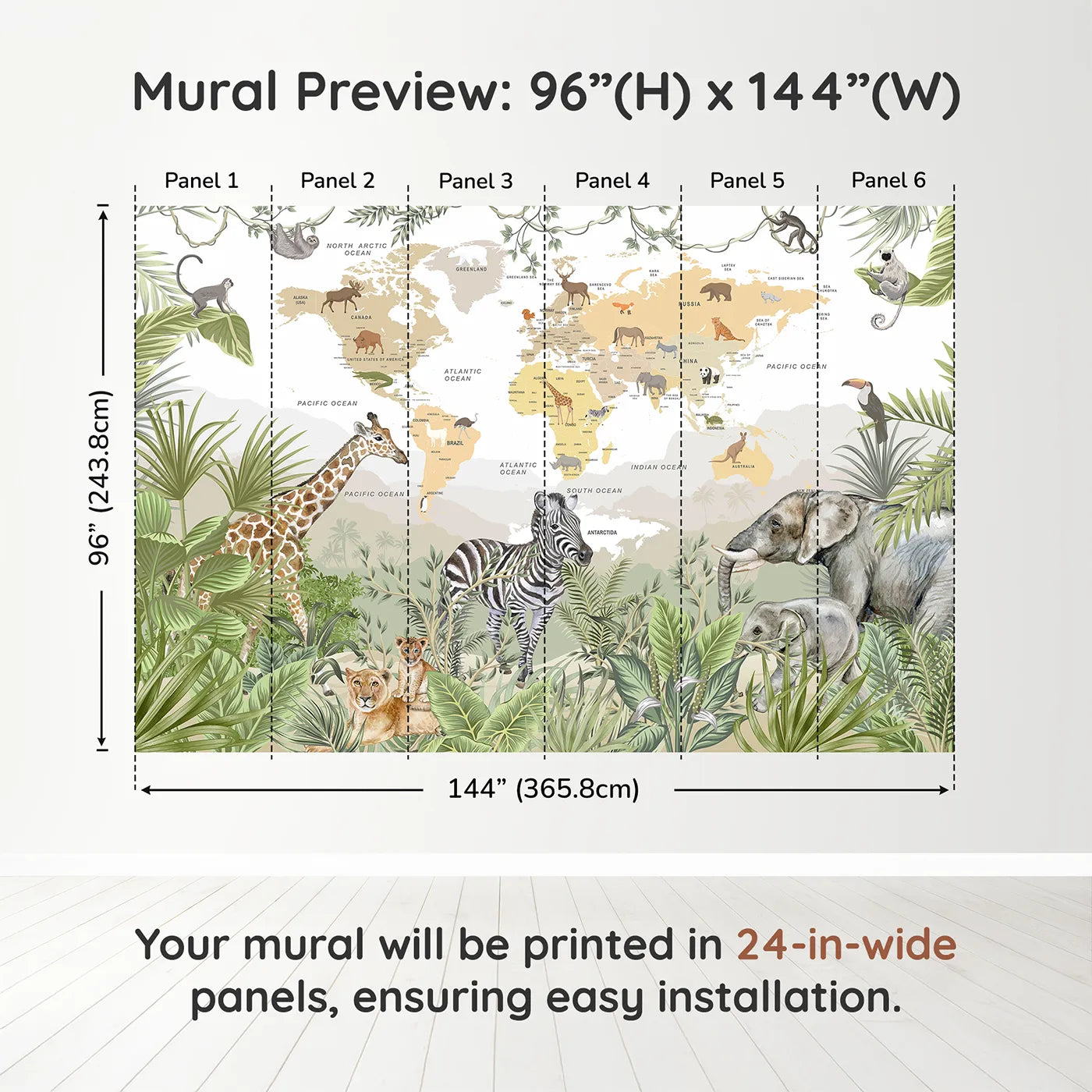 Whimsy Tots Jungle Explorer World Map Wall Muraldimension view (96" H x 144" W). Printed in six 24-inch-wide panels. Gender-Neutral