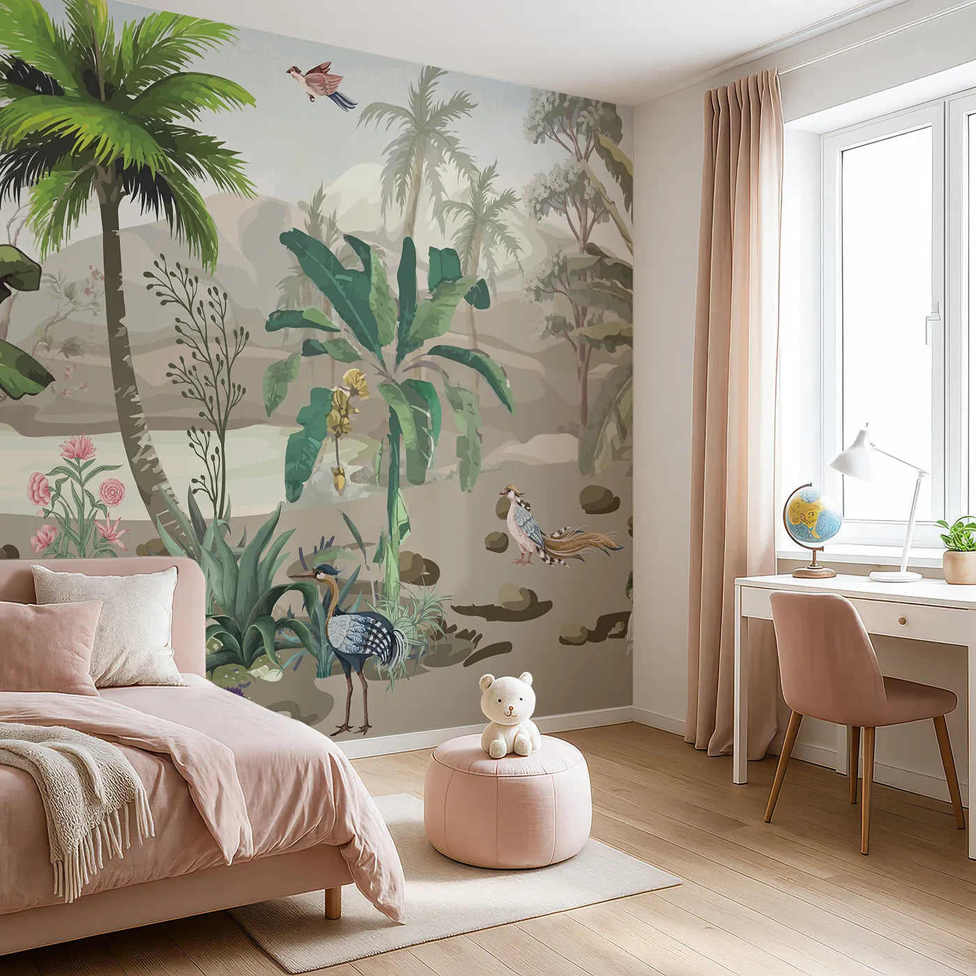Angled view of Whimsy Tots' Exotic Bird Sanctuary Wall Mural (Turn Their Room into a Lush, Hand-Painted Paradise).Gender-Neutral