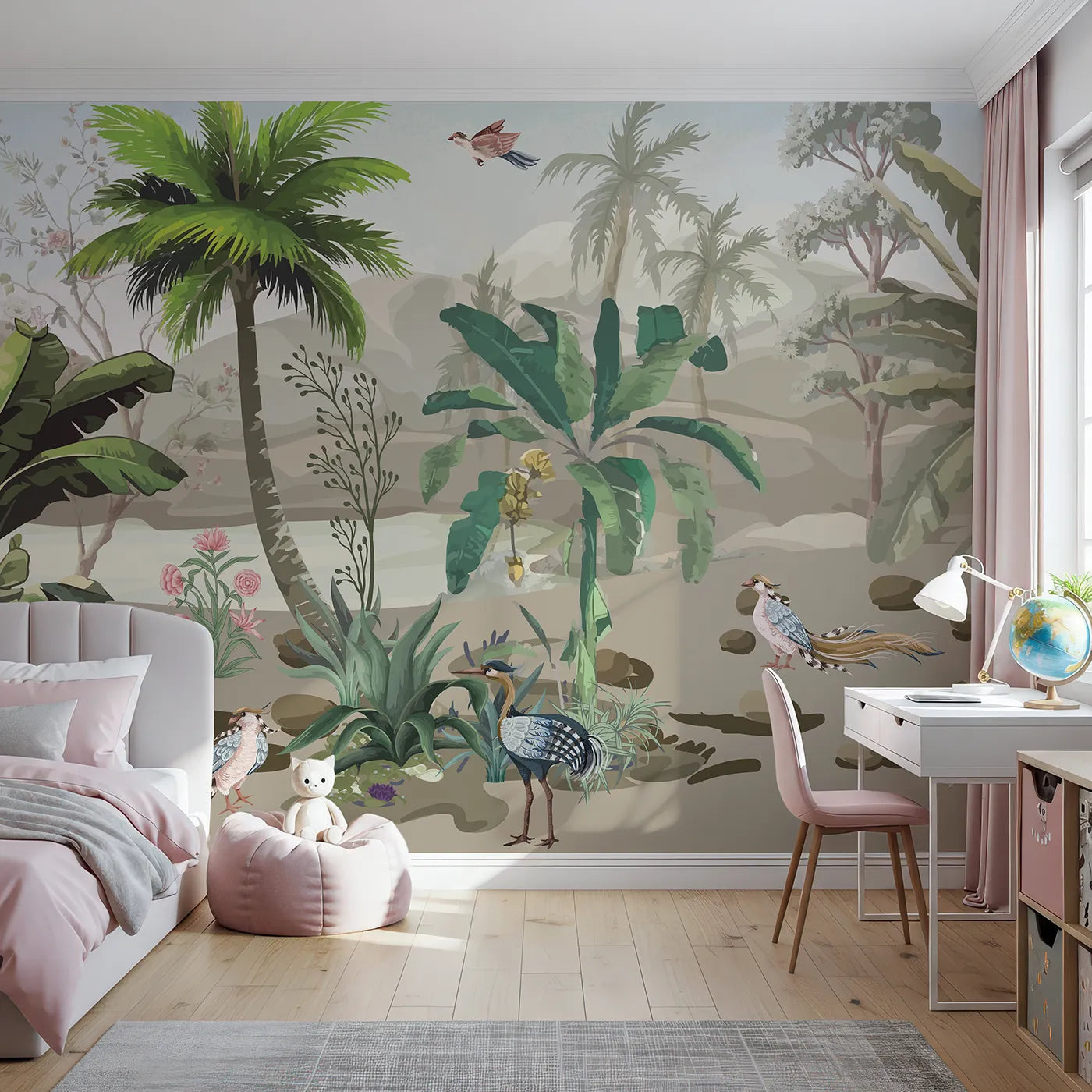 Front view of Whimsy Tots' Exotic Bird Sanctuary Wall Mural