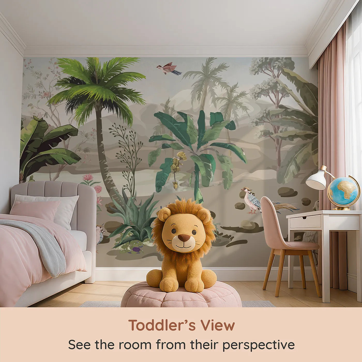 Whimsy Tots Exotic Bird Sanctuary Wall Mural (Turn Their Room into a Lush, Hand-Painted Paradise) from your child's view.Gender-Neutral