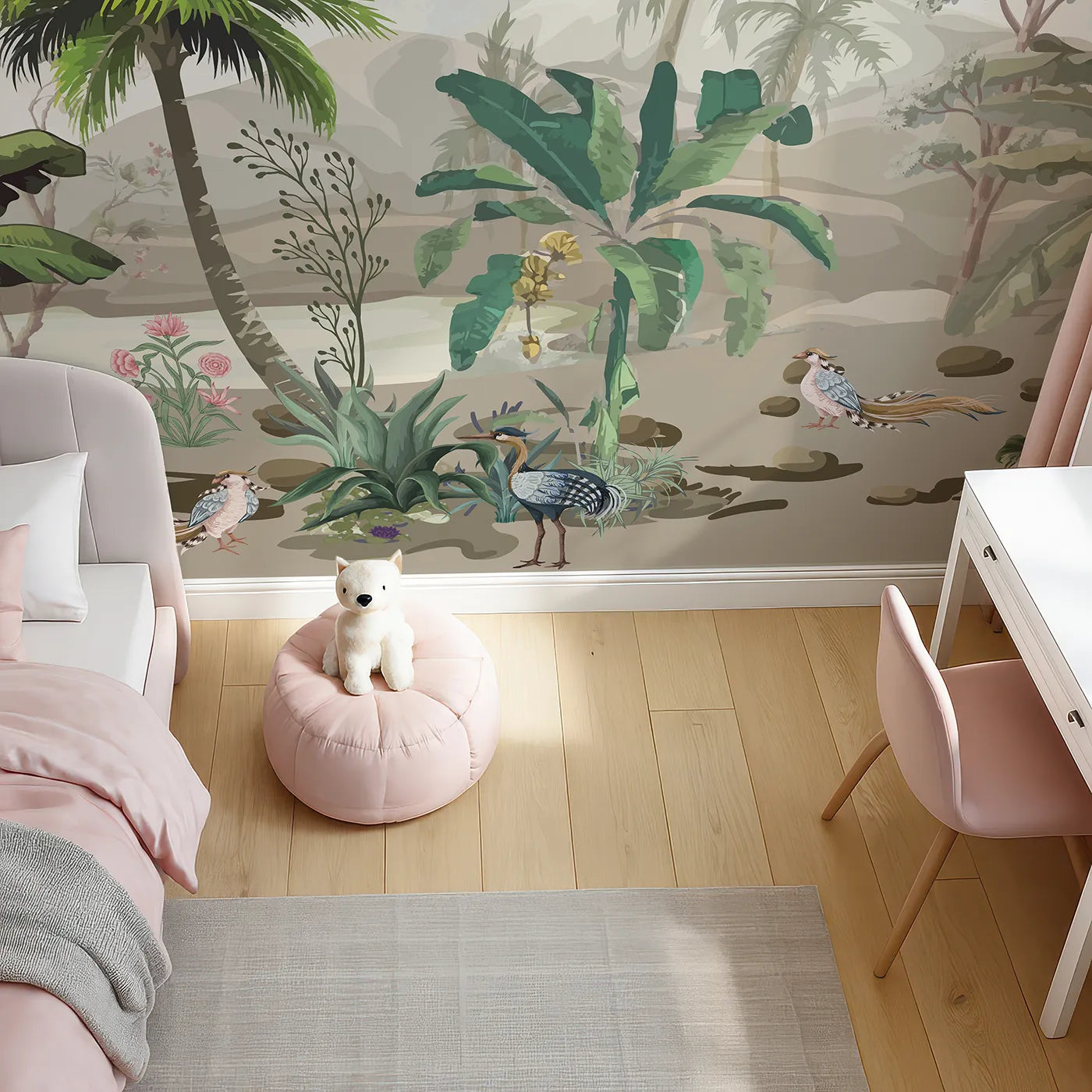 Top-down view of Whimsy Tots' Exotic Bird Sanctuary Wall Mural (Turn Their Room into a Lush, Hand-Painted Paradise).Gender-Neutral