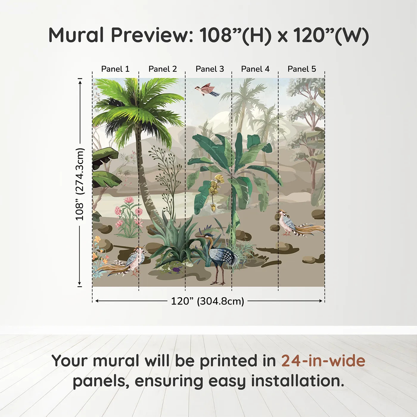 Whimsy Tots Exotic Bird Sanctuary Wall Muraldimension view (108" H x 120" W). Printed in five 24-inch-wide panels. Gender-Neutral