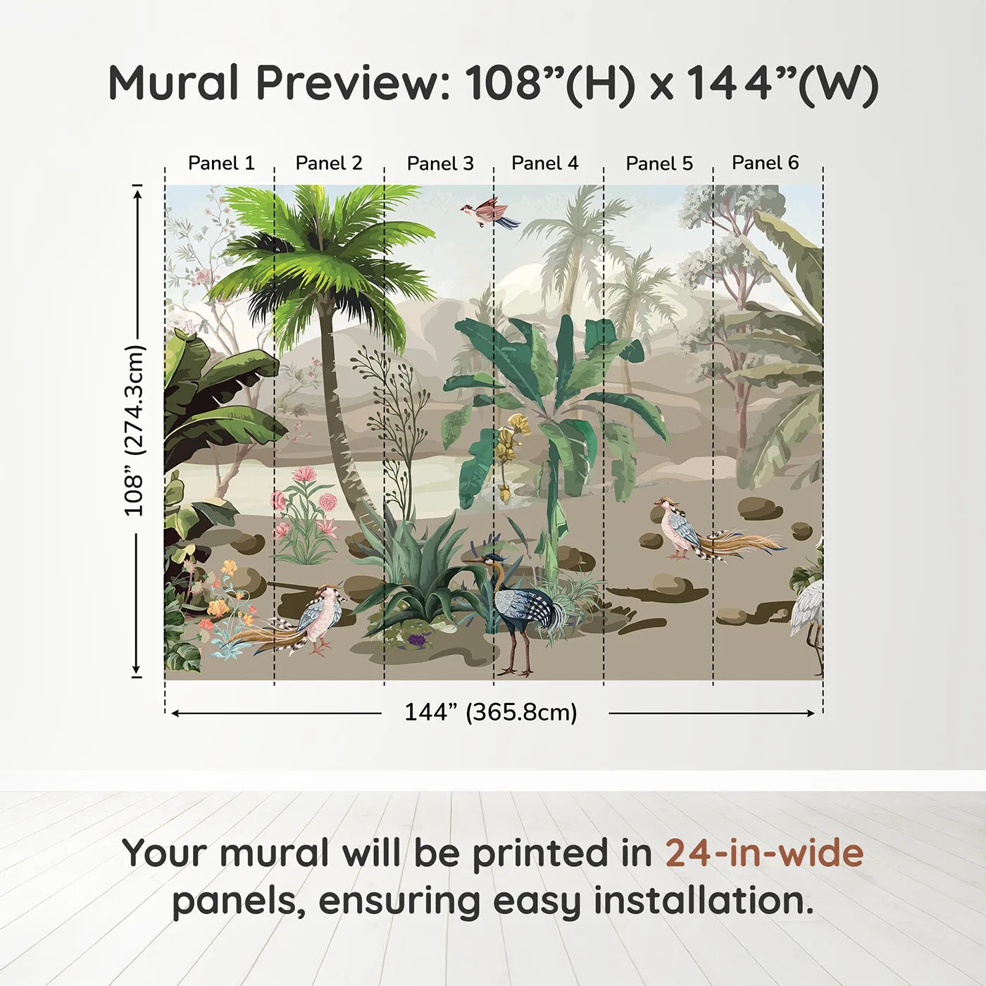 Whimsy Tots Exotic Bird Sanctuary Wall Muraldimension view (108" H x 144" W). Printed in six 24-inch-wide panels. Gender-Neutral