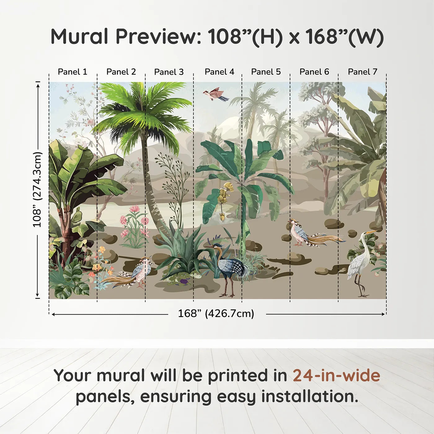 Whimsy Tots Exotic Bird Sanctuary Wall Muraldimension view (108" H x 168" W). Printed in seven 24-inch-wide panels. Gender-Neutral