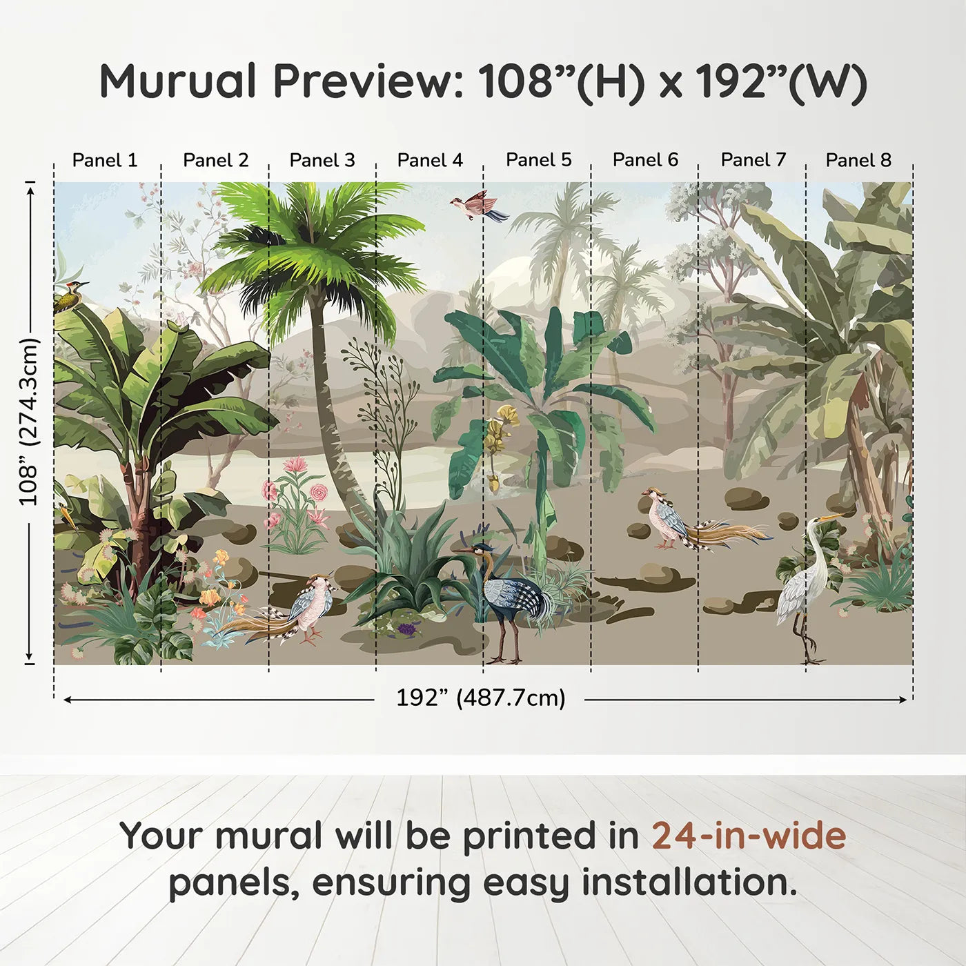 Whimsy Tots Exotic Bird Sanctuary Wall Muraldimension view (108" H x 192" W). Printed in eight 24-inch-wide panels. Gender-Neutral